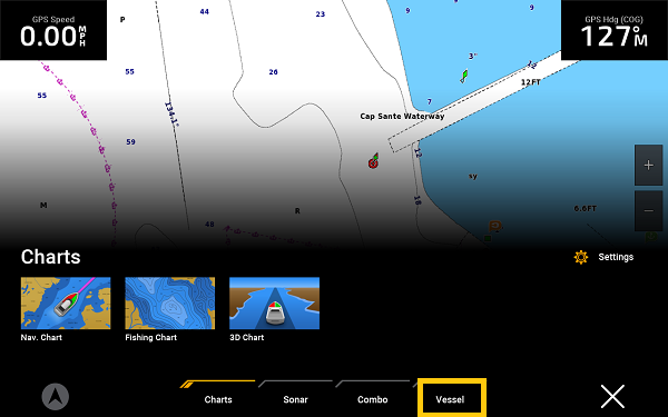chart screen - vessel button highlighted