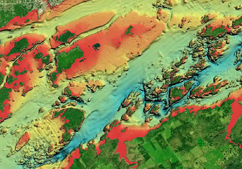 Zoomed out view with relief shading on a river with many small islands.