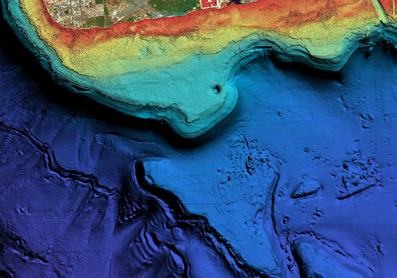 Zoomed in image with relief shading showing a distinct drop off.