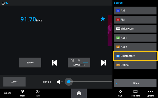 media source screen - bluetooth highlighted