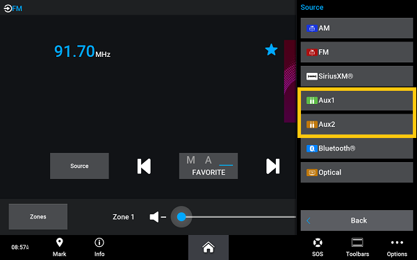 media source page - aux 1 and aux 2 highlighted