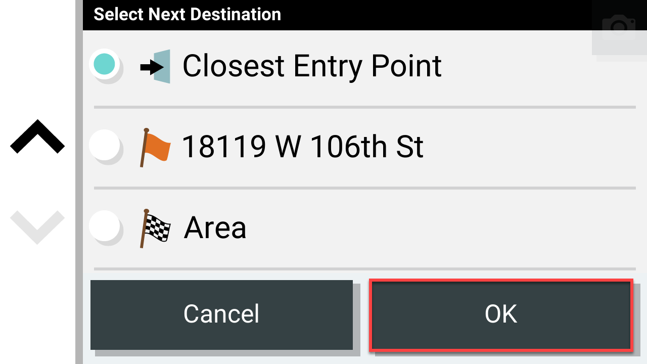 Touch OK to select destination Tread