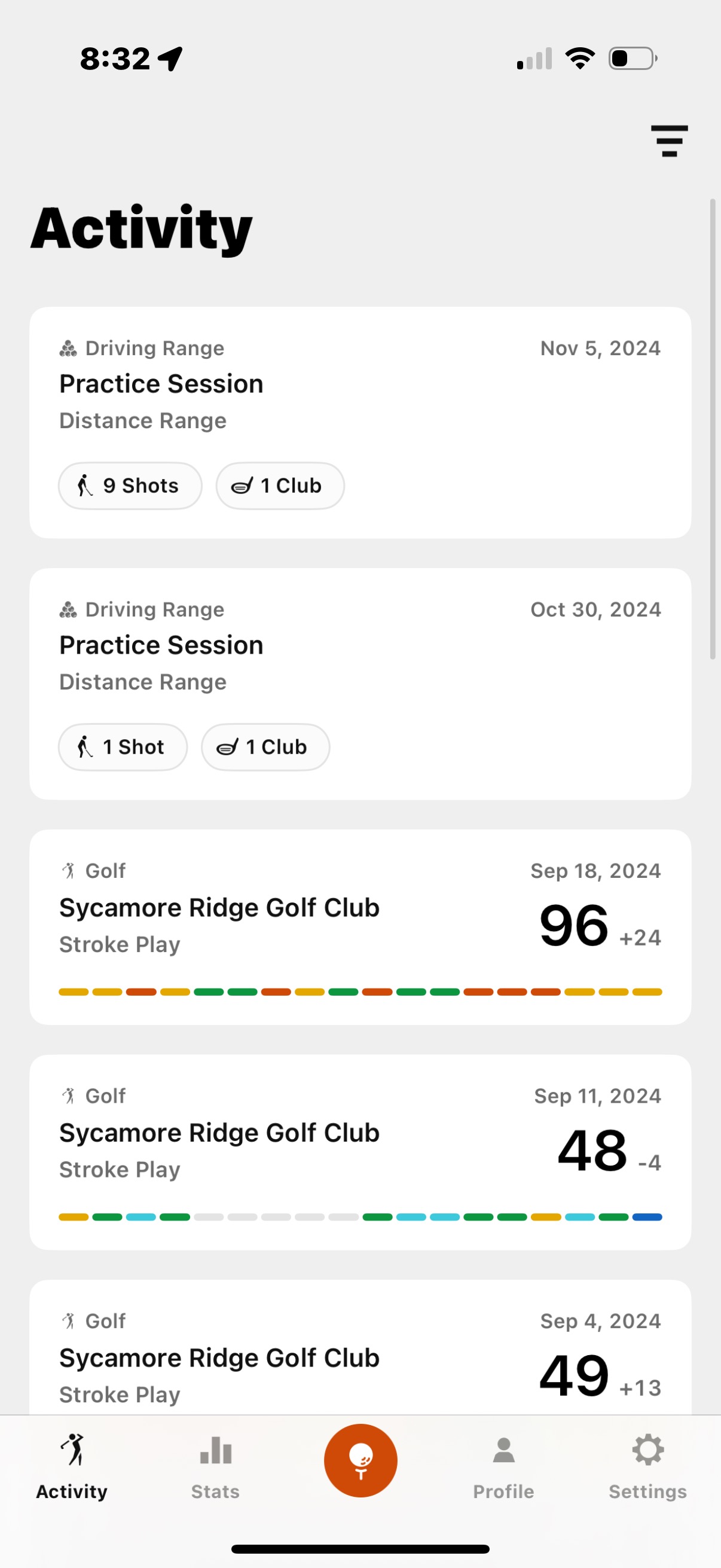 Activity Screen on the Garmin Golf App