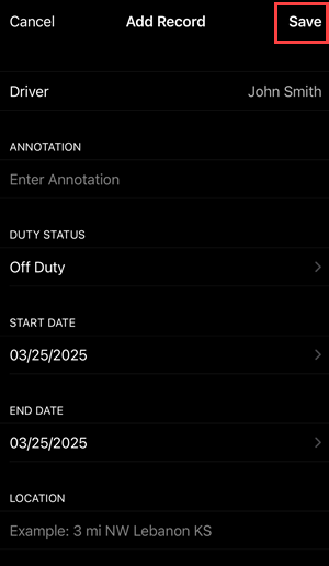 Add Record Save Selections