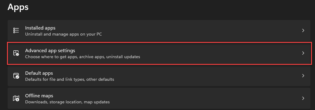 Select advanced app settings win11