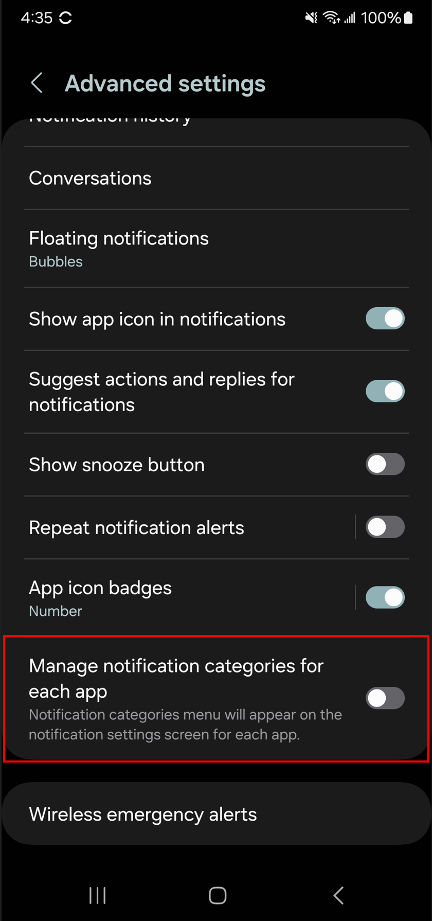 Advanced notification settings Example of the advanced settings for notifications on Android