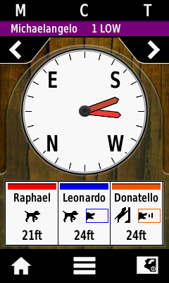 Compass with multi color arrows on it with a dog face barking enclosed in a box Alpha 100 Compass bark