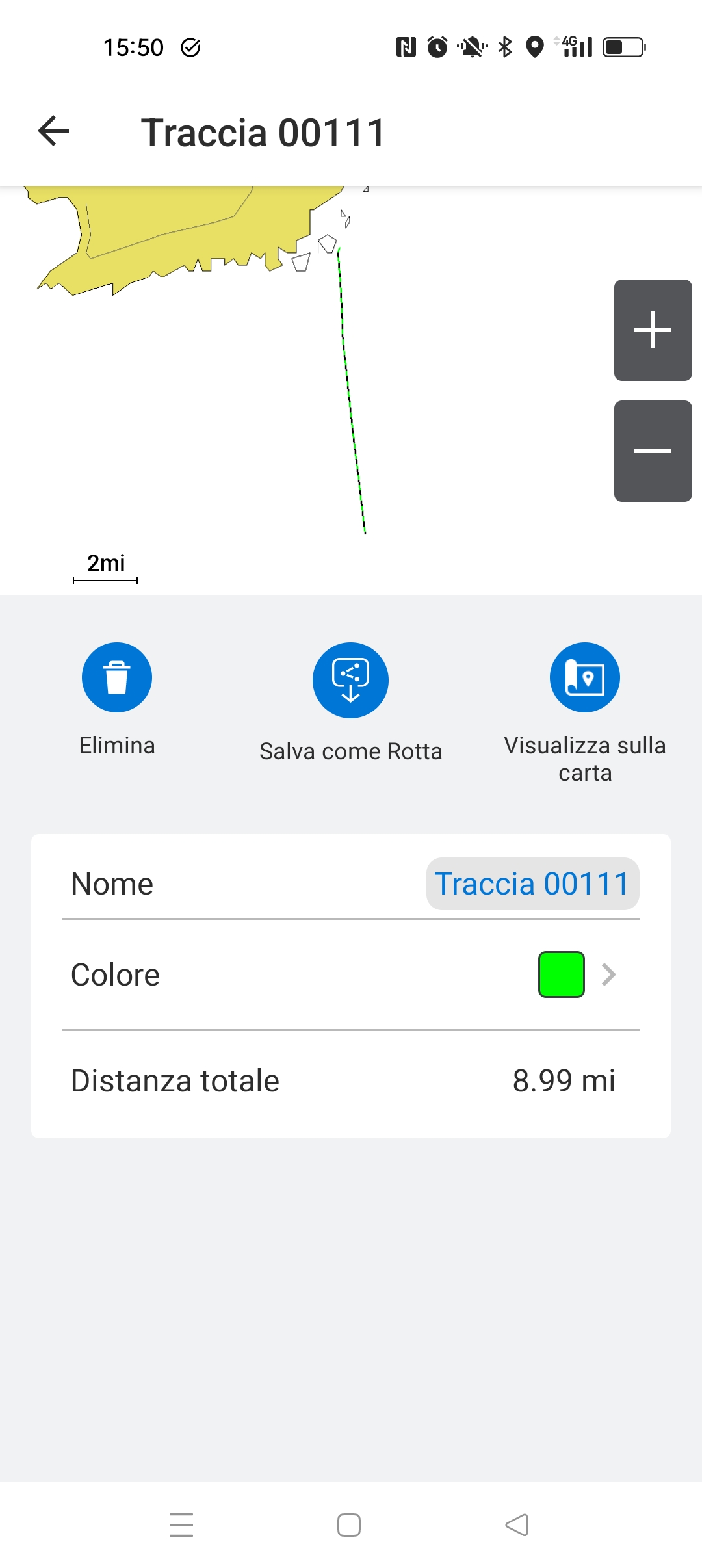 visualizzazione e i dettagli della traccia all'interno dell'app ActiveCaptain.