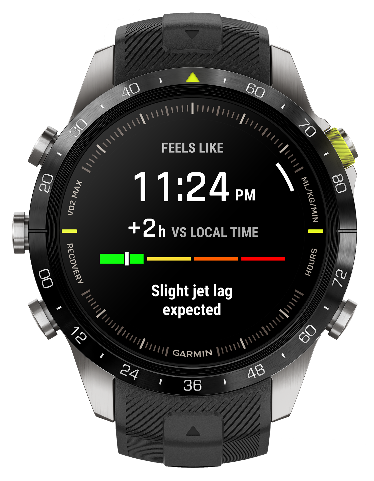 Watch with text, time, and colored gauge