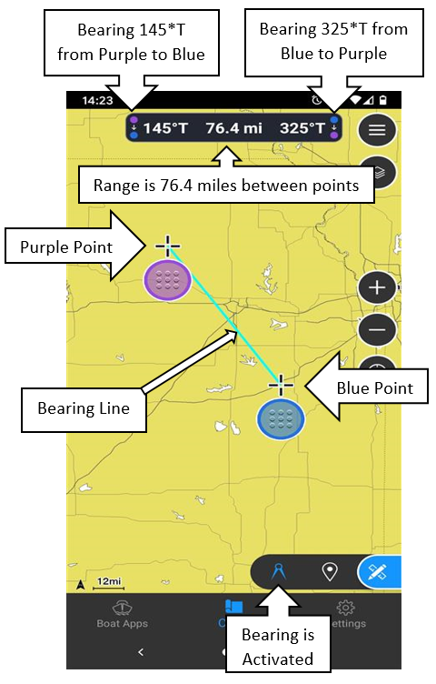 ActiveCaptain Bearing and Range example on chart