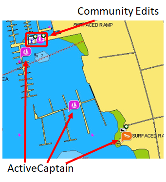 Navionics Boating app map screen with arrows pointing to different icons for Community Edits and ActiveCaptain Community