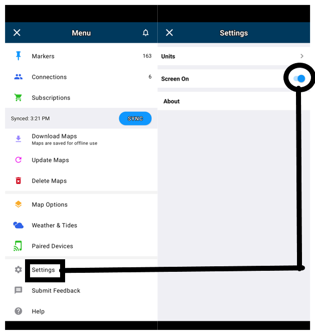 Navionics mobile app screen with settings circled and screen on option toggled on.