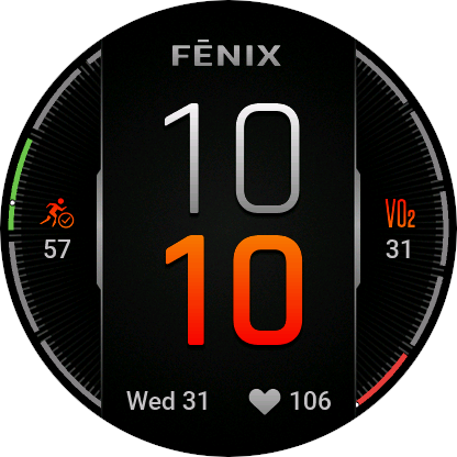 Digital Watch Face With 2 Gauge Data Fields on either Side, 1 Text Data Field at the Top, and 2 Text Data Fields at the Bottom