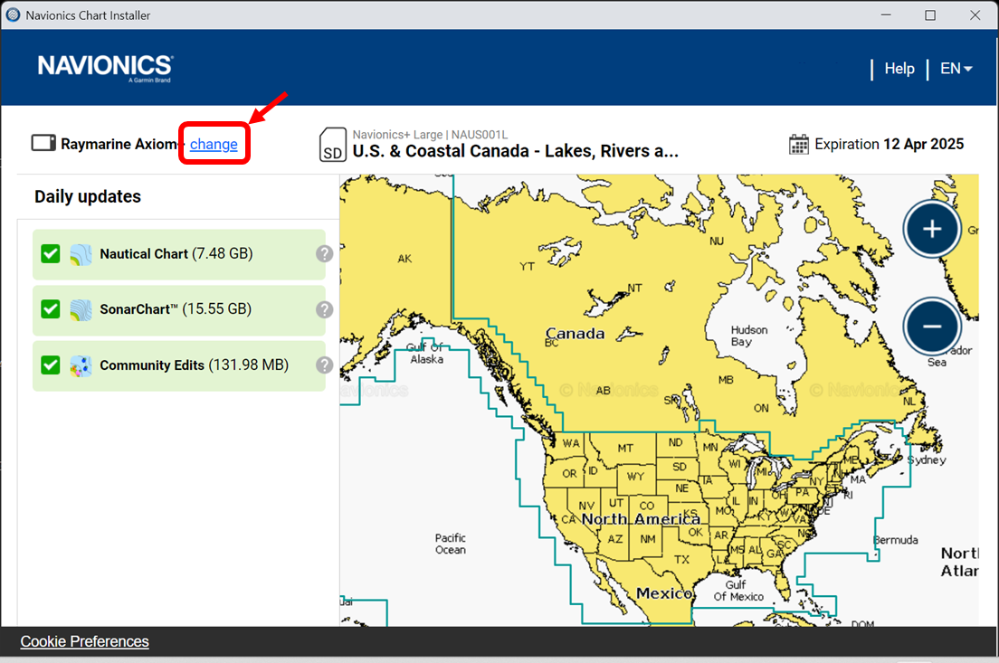 Image highlighting where the change option is located in the Chart Installer