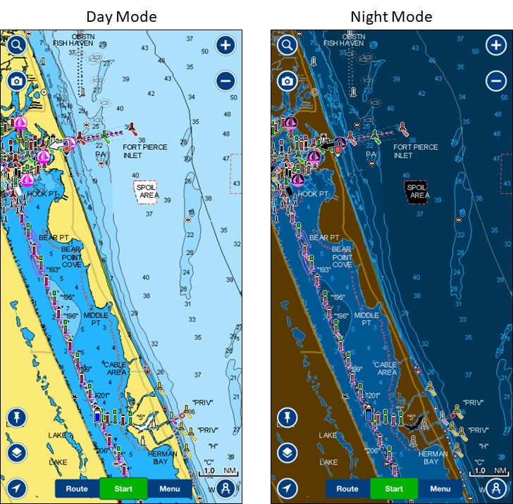 Map displaying in Day mode on the left and Night mode on the right.