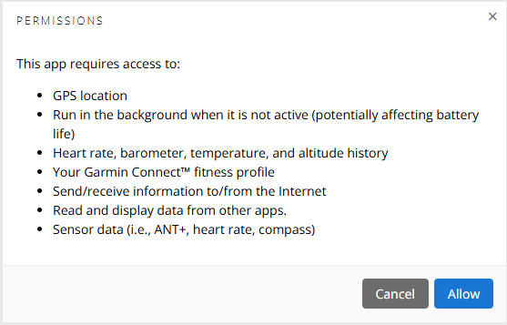 List of permissions requested for the use of a Connect IQ item