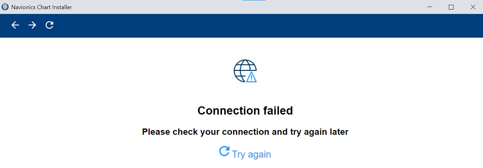 Message in the Navionics Chart Installer software showing a message Connection Failed.