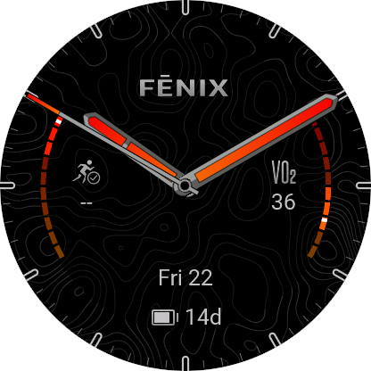 Analog watch face with subtle background of contour lines includes 2 gauge data field on the right and left and 3 text data fields