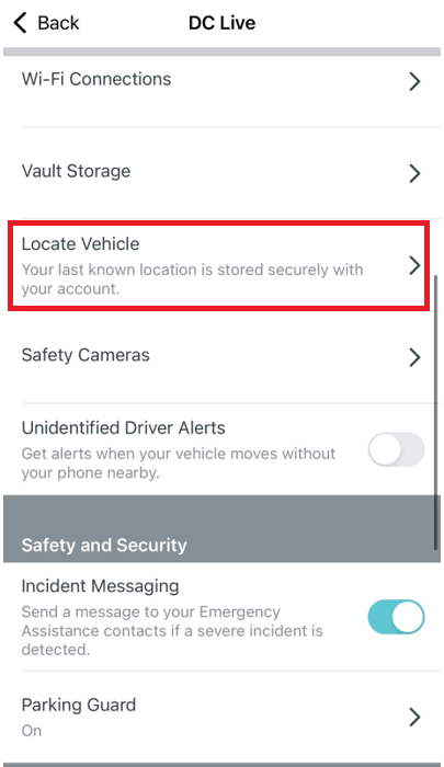 DC Live Drive app Locate Vehicle Setting