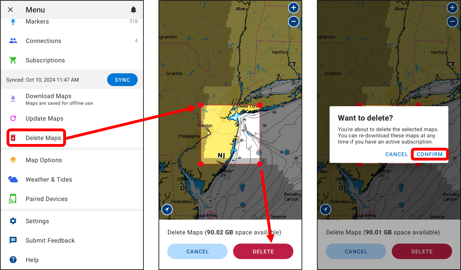 Steps showing Delete Maps option, selection box and confirmation.