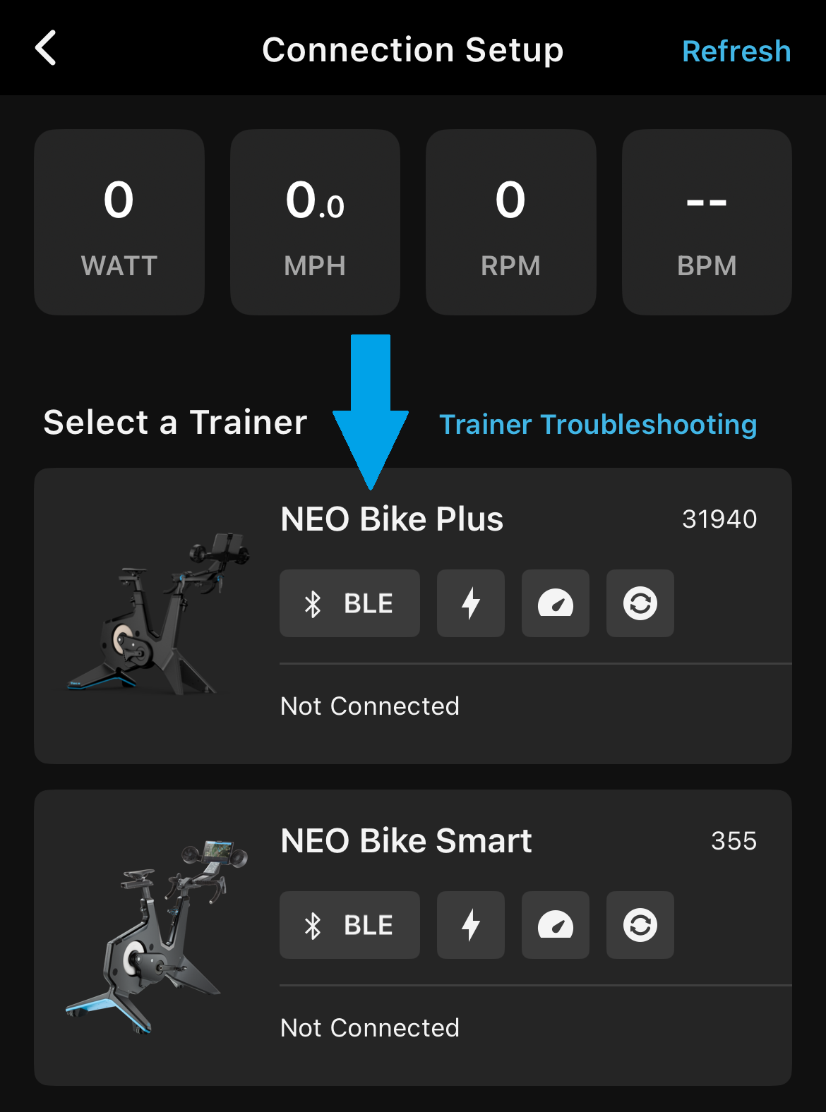 Device Manager screen with Neo Bike plus showing Not Connected, with blue arrow pointing to Neo Bike Plus