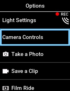 Edge 540 options menu with Camera Controls highlighted