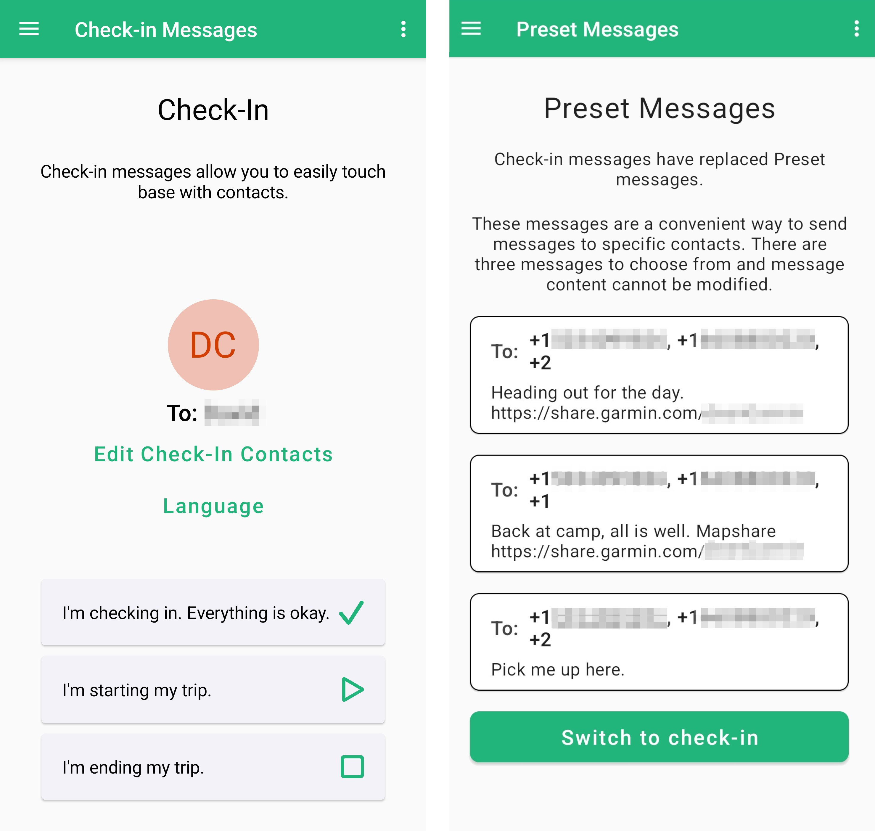 Earthmate Checkin vs Preset Message List