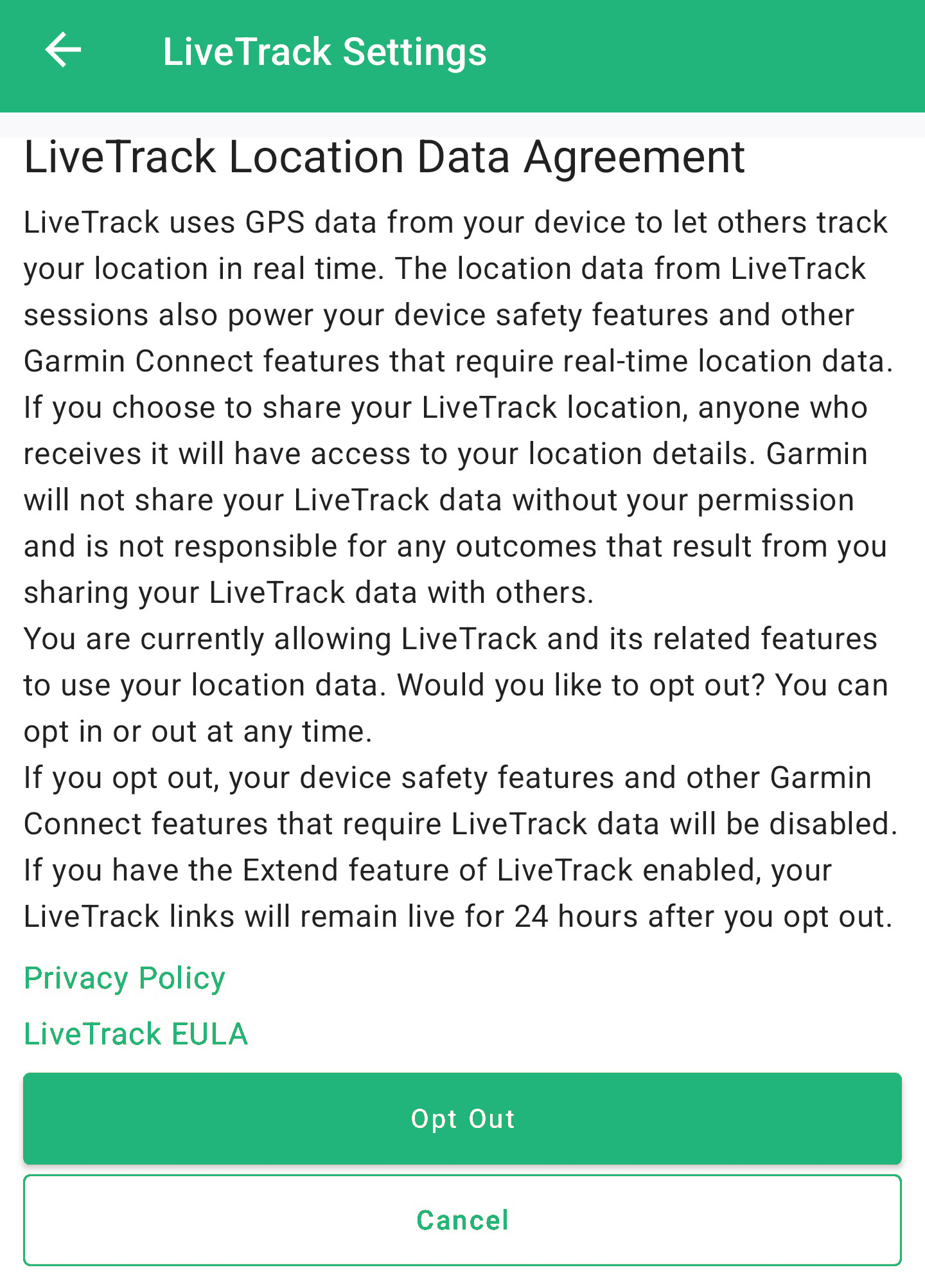 Earthmate App LiveTrack Consent