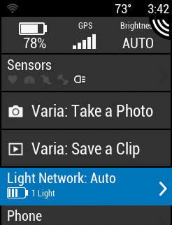 Edge530 Status page with Light Network Highlighted