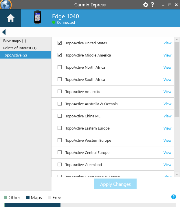 Garmin Express Map Manager with TopoActive selected and list of available map regions shown