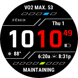 Digital Watch Face With Dot Gauges for Data Fields at the Top and Bottom