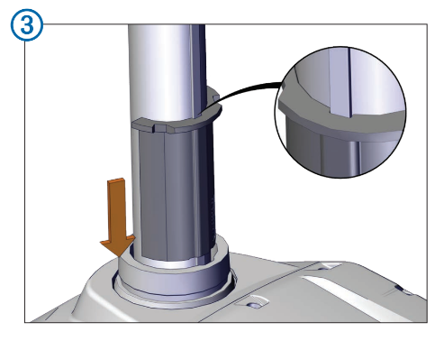 Shows position and lower the keyed internal depth limiter part in alignment with the key on the trolling motor shaft