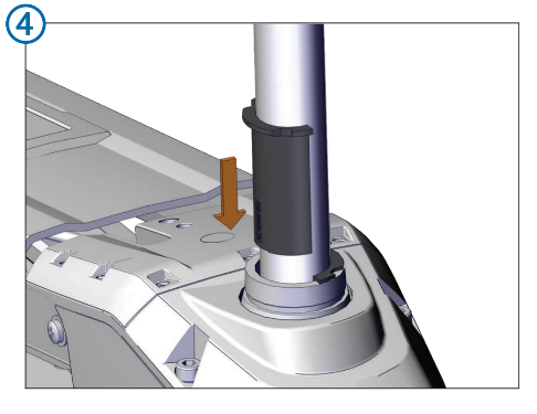 Shows position and lower the non-keyed internal depth limiter part along the opposite side of the trolling motor shaft