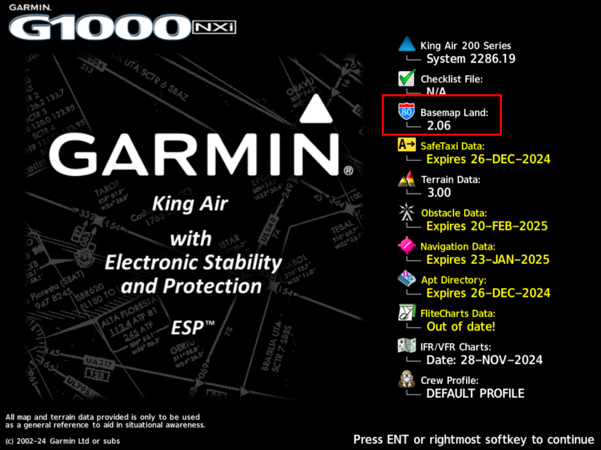 G1000 NXi Startup Screen basemap