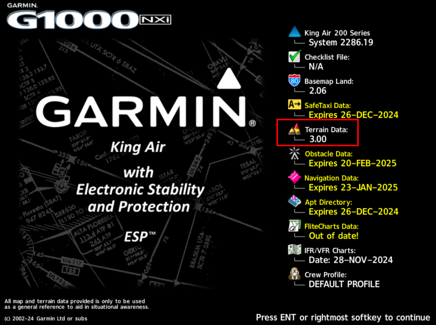 G1000 NXi Startup Screen terrain