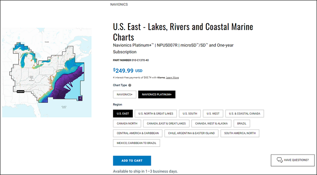 Garmin.com webpage for selected coverage showing pricing and add to cart button.
