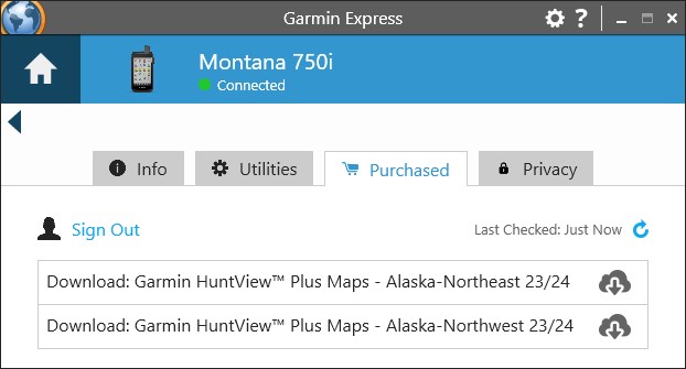 Garmin Express Purchased Tab for Montana 750i