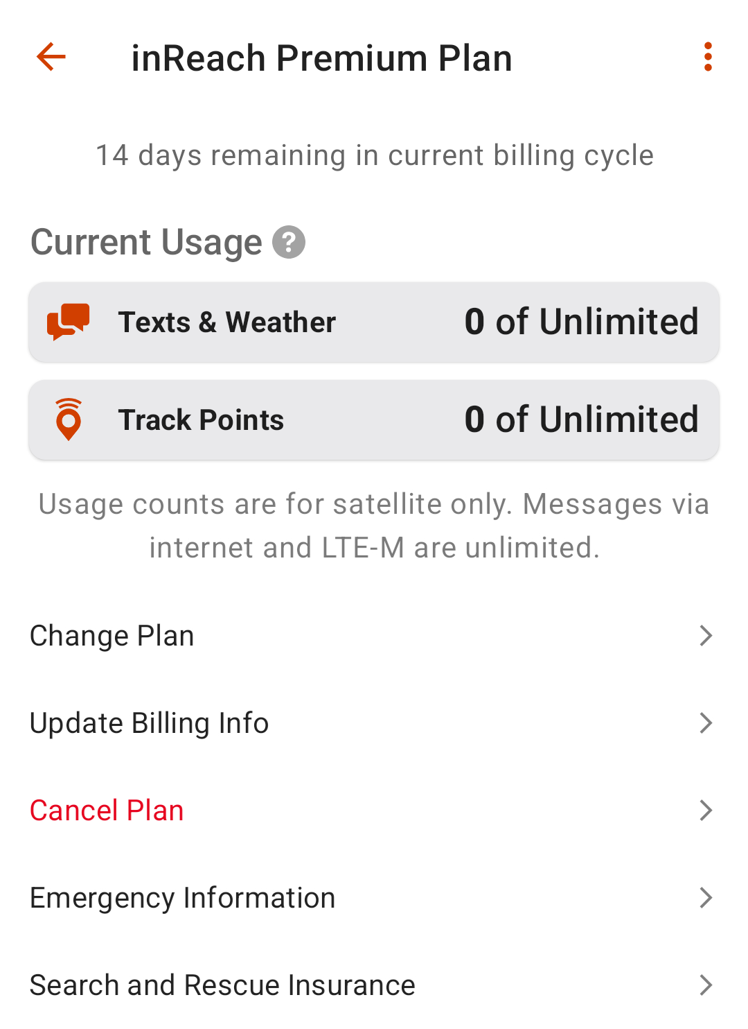 Plan Options in Garmin Messenger app