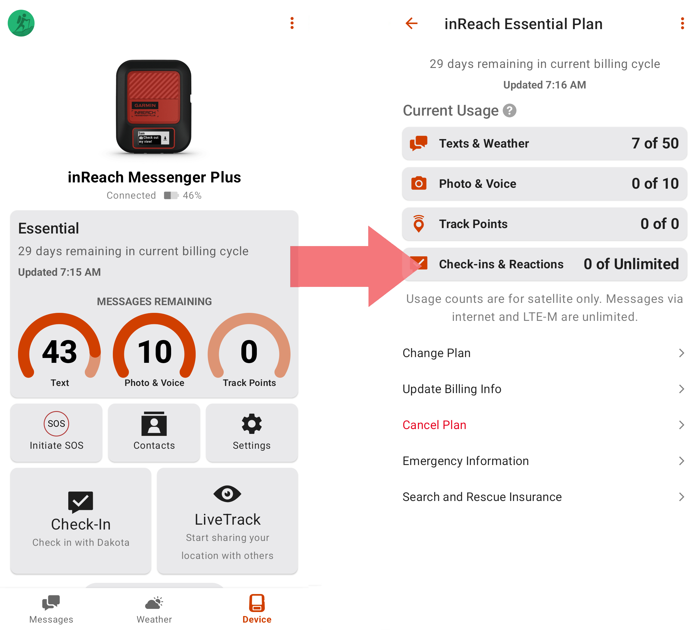 Garmin Messenger Plan Usage
