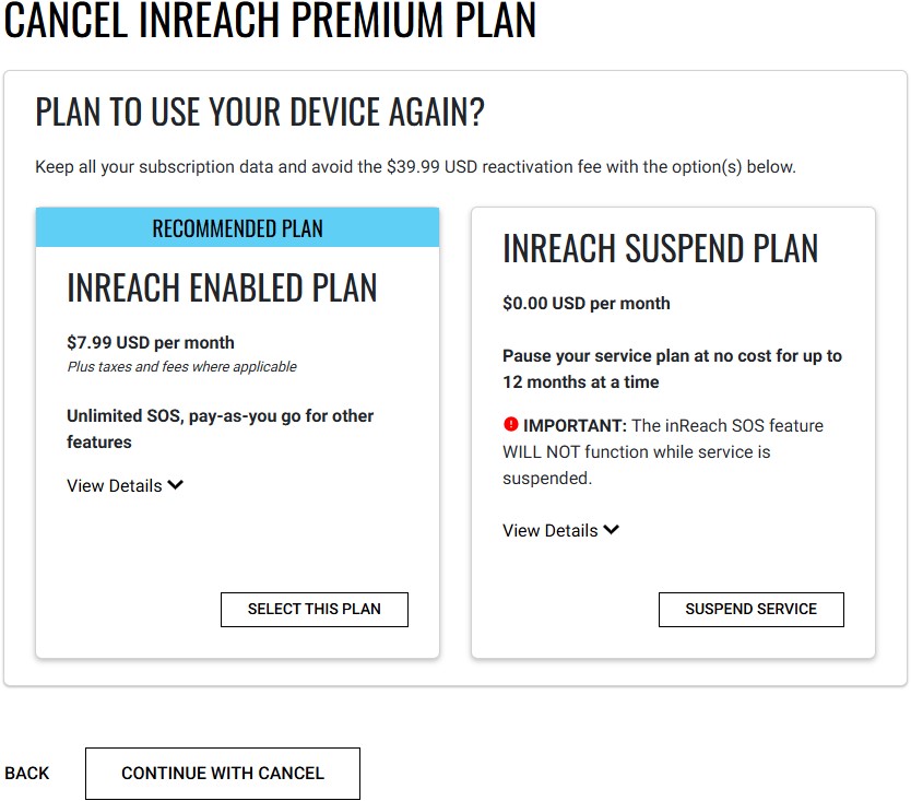 Garmin Website inReach Cancel