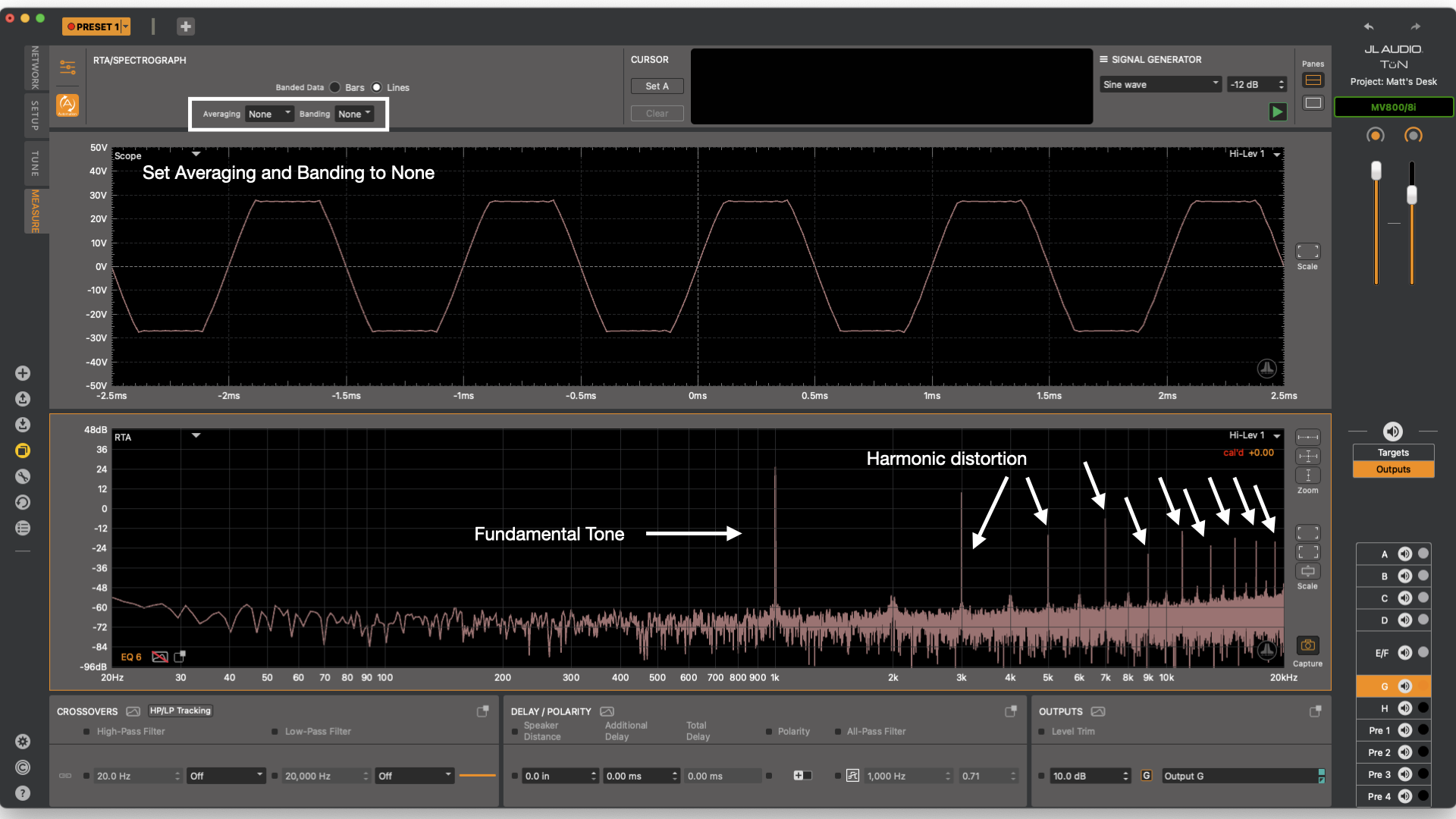 JL Audio signal clipping on the scope and harmonic distortion on the RTA