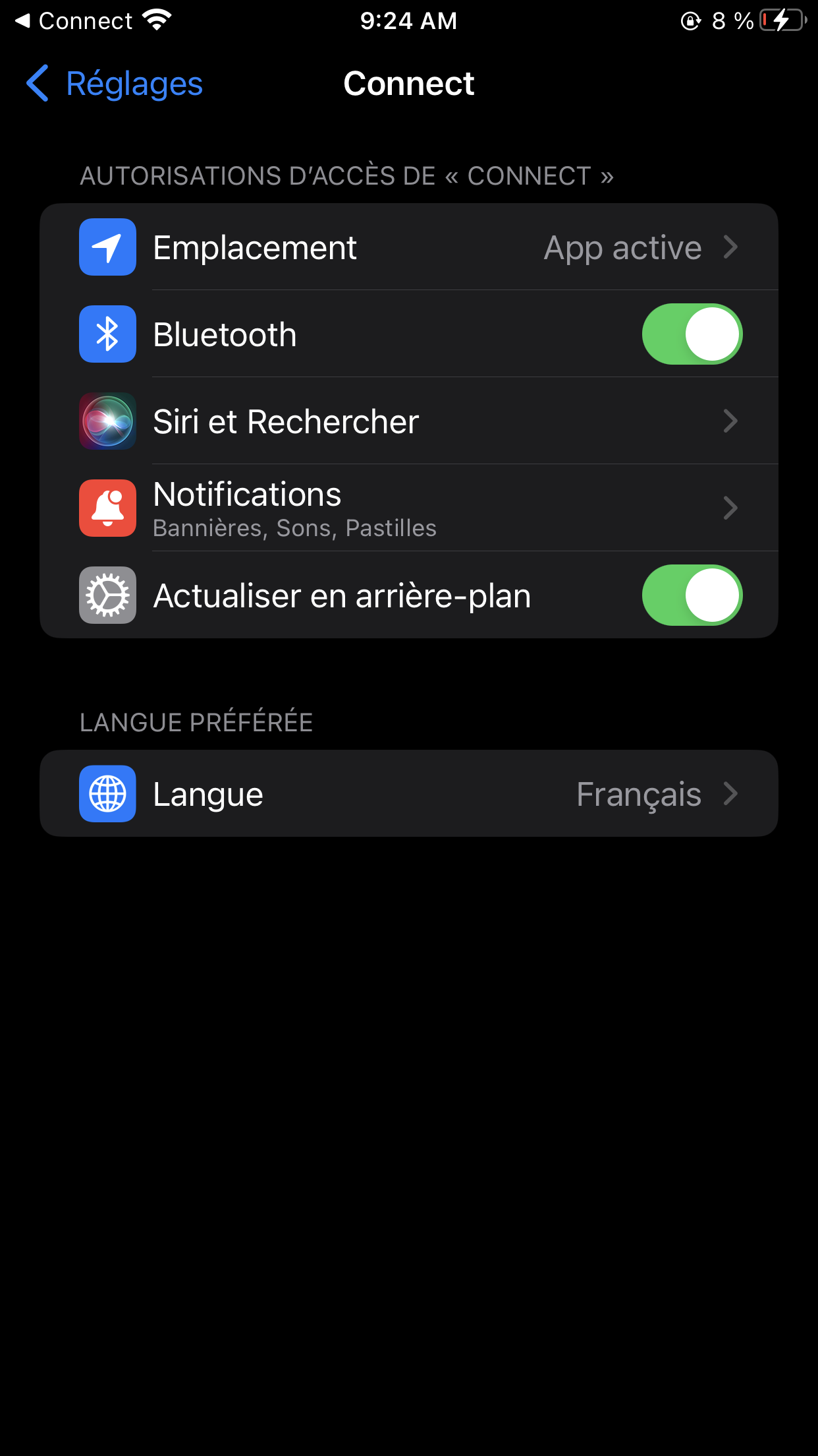 Paramètres de l'application iPhone Garmin Connect