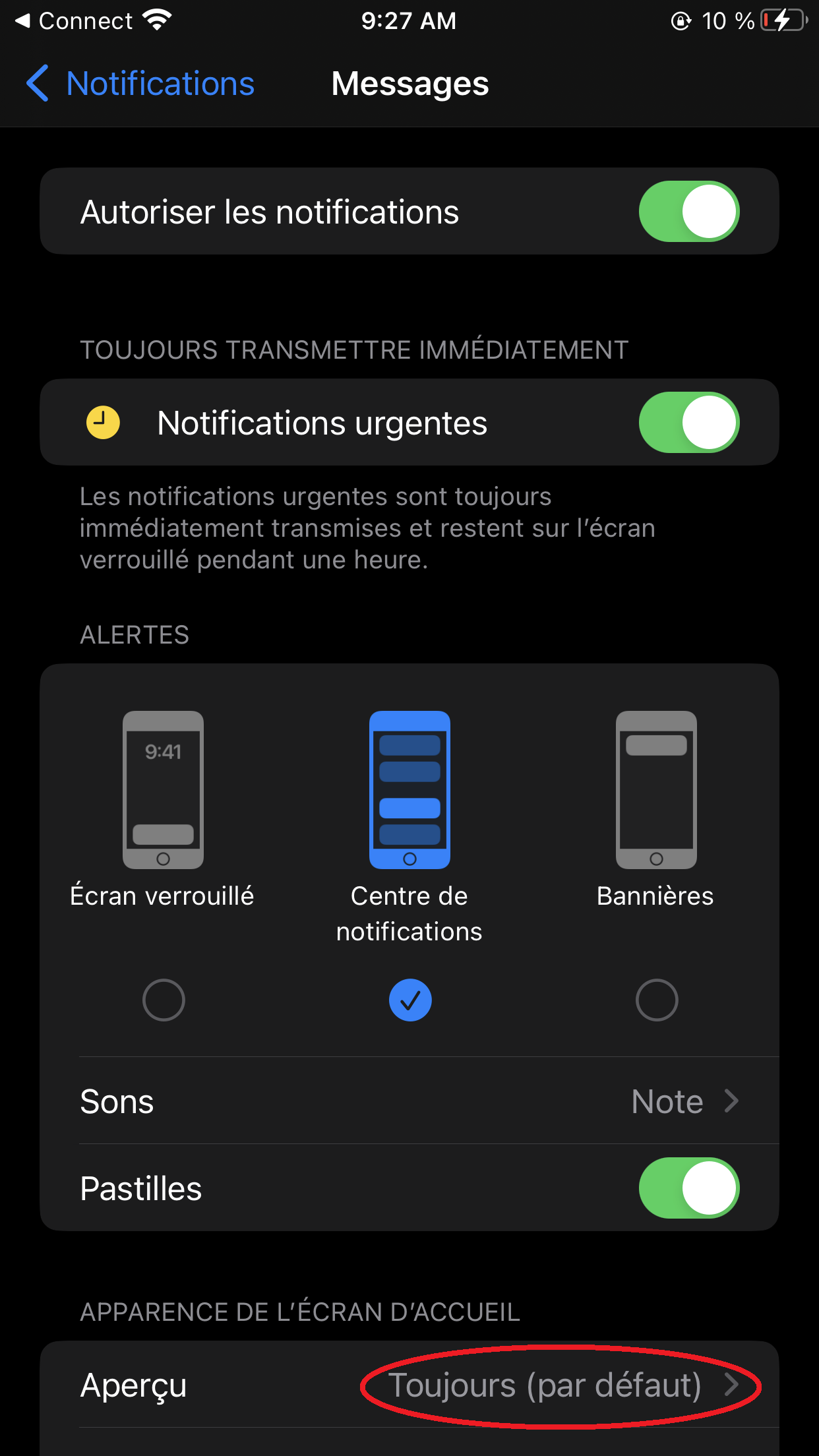 Paramètres d'accueil des notifications de l'iPhone