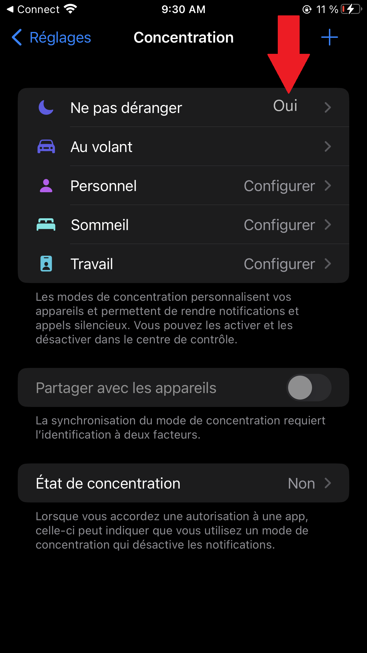 Paramètres de l'option concentration de l'iPhone