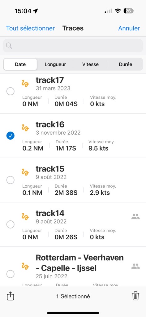 Liste des traces dans l'application Navionics Boating.