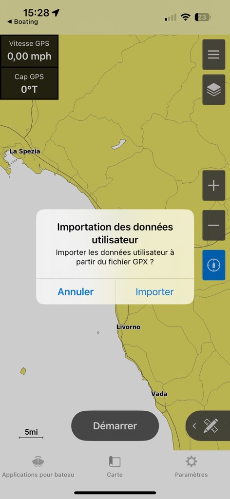 Invitation à importer un fichier GPX ou à annuler dans l'application ActiveCaptain.