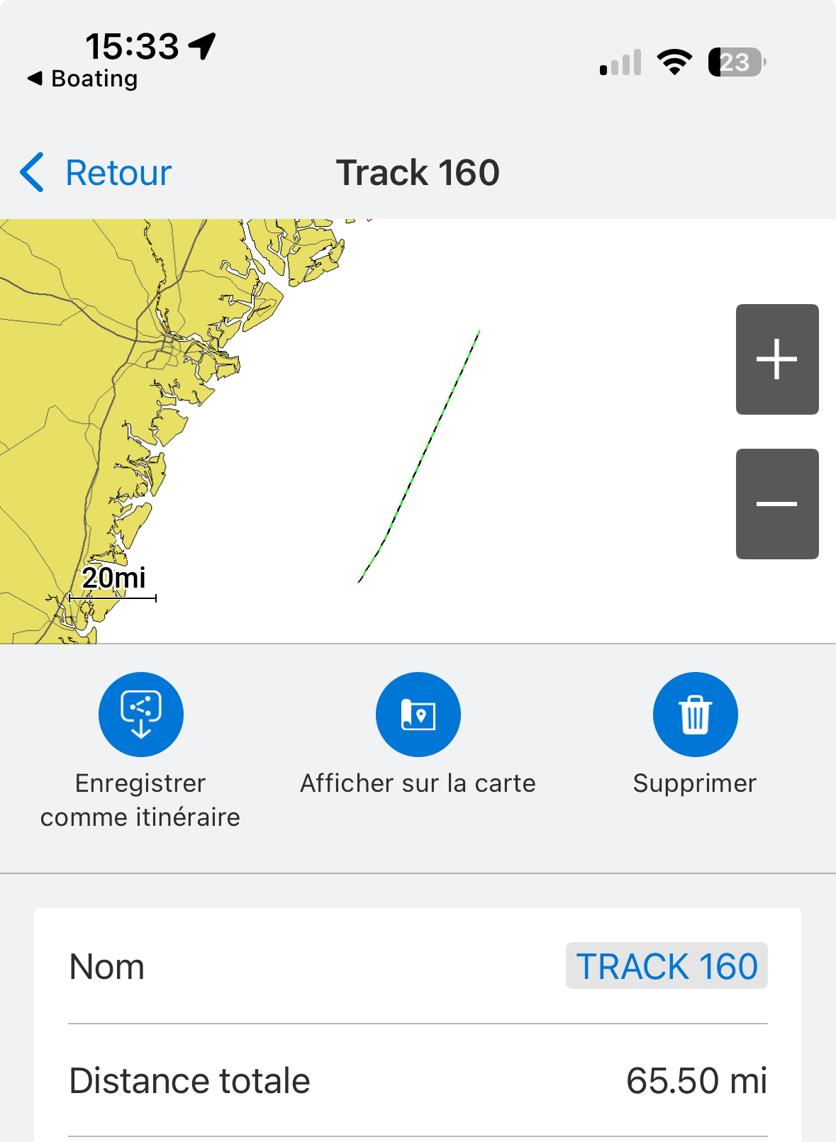 Affichage et détails des traces dans l'application ActiveCaptain.