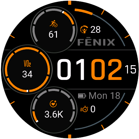 Digital watch face with 2 arc gauge data fields and 1 text data field on the right and 3 circular data fields on the left