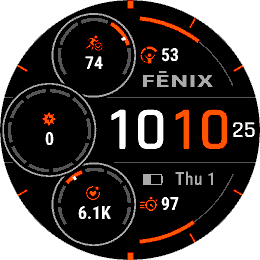 Digital Watch Face With 3 Circles to the Left and 2 Quarter Arcs on the Top and Bottom for Data Fields
