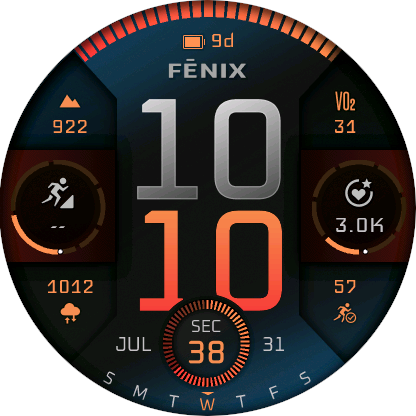 Digital Watch Face with a Gauge Data Field at the Top and 7 Text Data Fields